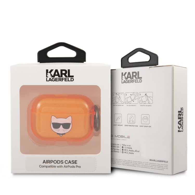 CG MOBILE Karl Lagerfeld TPU Choupette Fluo Case with Ring for Apple Airpods Pro, Scratch & Drop Resistant, Dustproof & Absorbing Protective Silicone Cover Officially Licensed Orange
