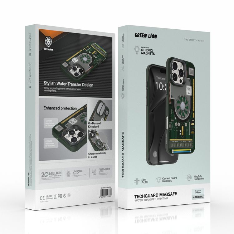 Green Lion Techguard MagSafe Case for iPhone 16 Pro Max, Slim Profile, Camera Guard Kickstand, Hands Free Viewing, Raised Edges, Camera Protection - Green 