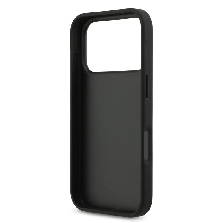 غطاء تخمين PU مع فتحة للبطاقات وشعار معدني مكتوب لهاتف iPhone 17 Pro، تصميم خفيف الوزن، مقبض مريح، سهولة في التركيب، تغليف مستدام، تصميم نحيف - باللون الأسود