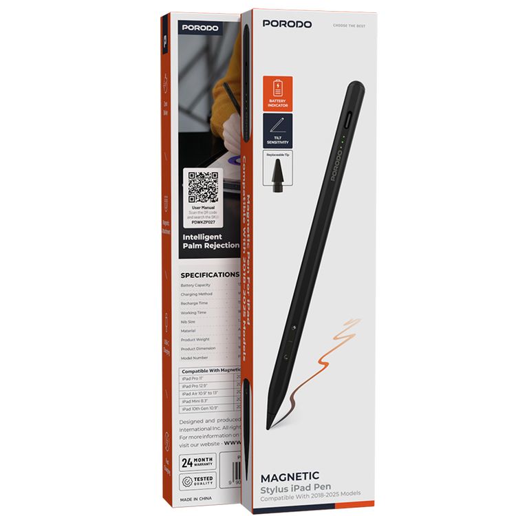 قلم بورودو المغناطيسي لجهاز آيباد، حجم سن 1.2 مم، يعمل بشكل مستمر لمدة 9 ساعات، مصنوع من سبيكة الألمنيوم، منفذ شحن USB-C، بطارية 130mAh، متوافق مع موديلات الآيباد من 2018 إلى 2024، بدون تأخير، شحن سريع - أسود