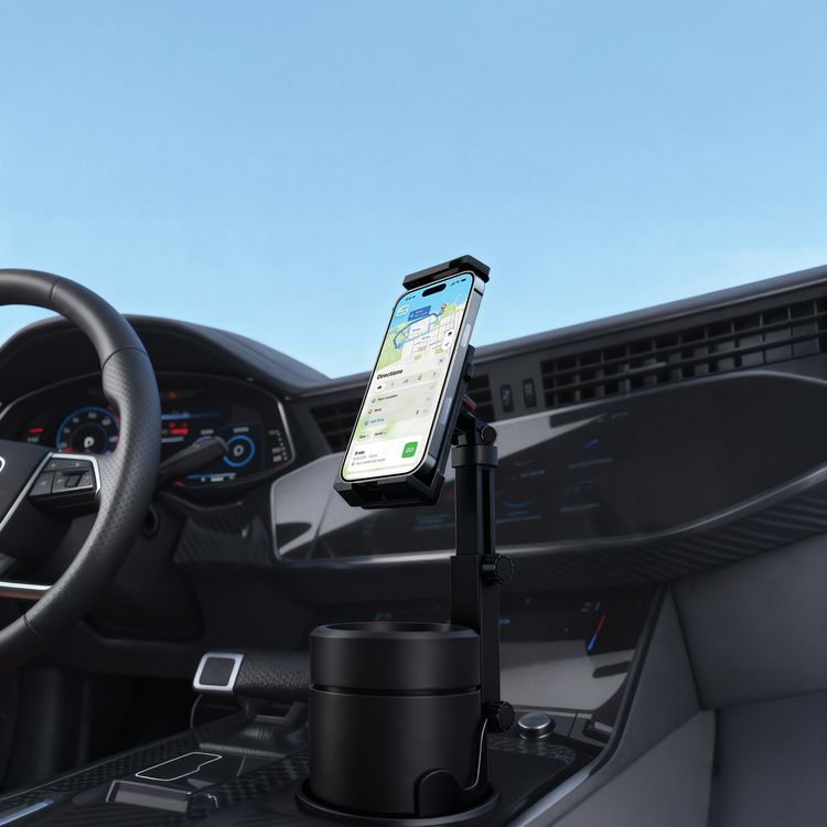 Porodo Blue Cradle Car Cup Holder with Adjustable Arm, Stable Cup Fit, Full-Angle Rotation, Extendable Length, Horizontal and Vertical Viewing, One-Handed Operation, Universal Compatibility, ABS and Silicone Material, 120-220 mm Clamp Size, Compatible with  5"-12.9" Devices - Black