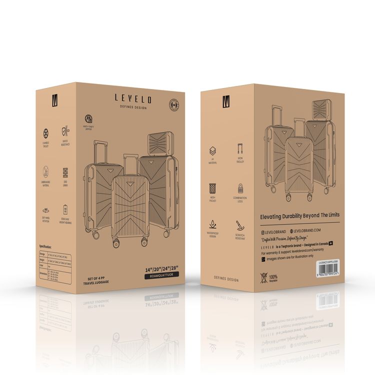 Levelo RoamQuattuor Travel Luggage Set in 4 Sizes 14"/20"/24"/28", 100kg Maximum Weight-Bearing, Shock Resistance, 8 Wheels Trolley, PP & Unbreakable Material, 360° Wheel Rotation, 210D Lining, Mesh Pocket, Water Resistant Design, Anti-Theft  Design - Black