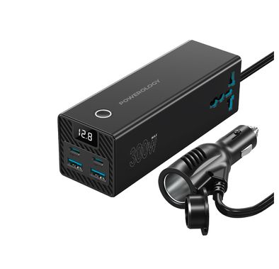Powerology 2 AC Universal Car Power Inverter with 300W AC Output, Simultaneous Charging, Power Info Display, 36W Power Delivery, Built-in Safeguards - Black