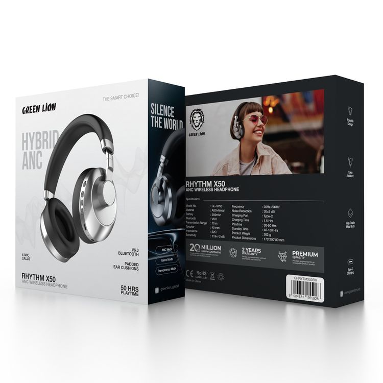 سماعات البلوتوث اللاسلكية جرين ليون ريثم X50 ANC مع 4 ميكروفونات، عمل يصل إلى 50 ساعة، منفذ شحن USB-C، إصدار البلوتوث 6.0، مدى نقل 10 أمتار، حجم السماعة 40 ملم، بطارية بسعة 350 مللي أمبير، وسائد أذن مبطنة، تصميم قابل للطي - اللون أسود.
