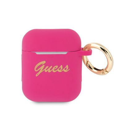 حافظة CG MOBILE Guess مطبوعة من السيليكون مع حلقة مضادة للفقد متوافقة مع إیر بودز 1/2، مقاومة للخدش، ممتصة للصدمات وغطاء حماية من السقوط مرخص رسميًا - وردي فوشي