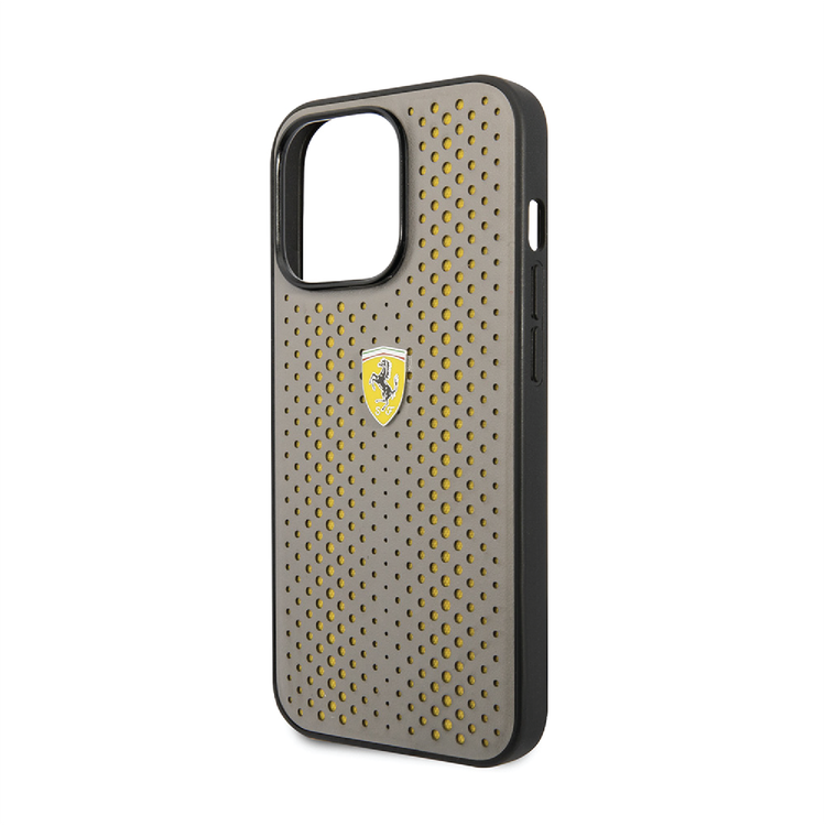 Ferrari PU Leather Perforated Case with Nylon Base & Yellow Shield Logo iPhone 14 Plus Compatibility - Yellow