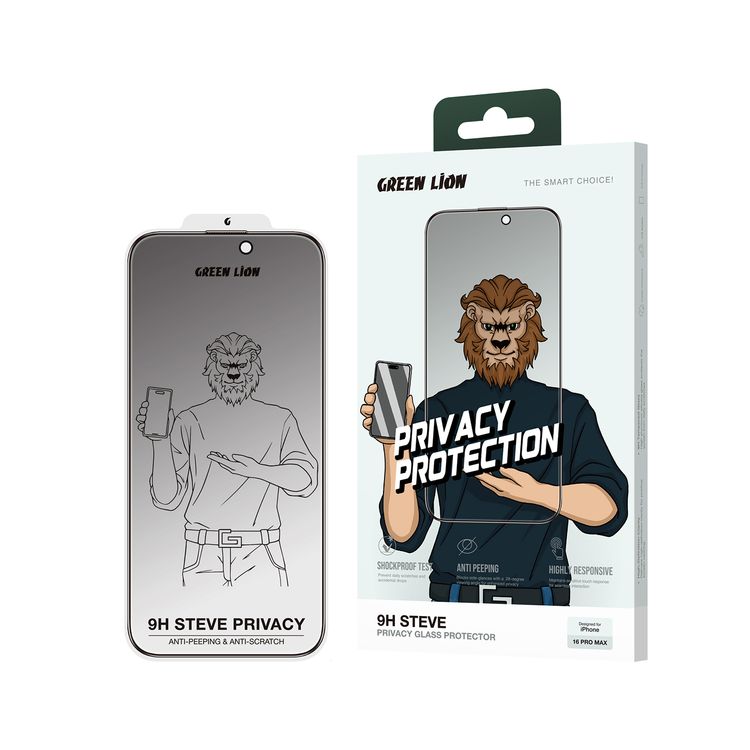 Green Lion 9H Steve Privacy Full Glass Screen Protector for iPhone 16 Pro Max, Anti-Scratch, Side View Blocking, Highly Responsive, Grease Resistance,  Anti-Fingerprint - Black    