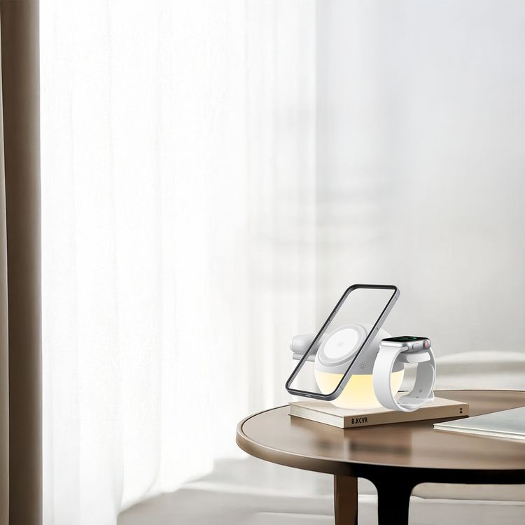 Porodo Orbix 3-in-1 Wireless Charger with Adjustable Ambient Light, 3-8mm Charging Distance, 15W Wireless Fast Charging, 5W Earbuds Output, 2.5W Watch Output, Type-C Charging Interface, Secure Magnetic Dock - White