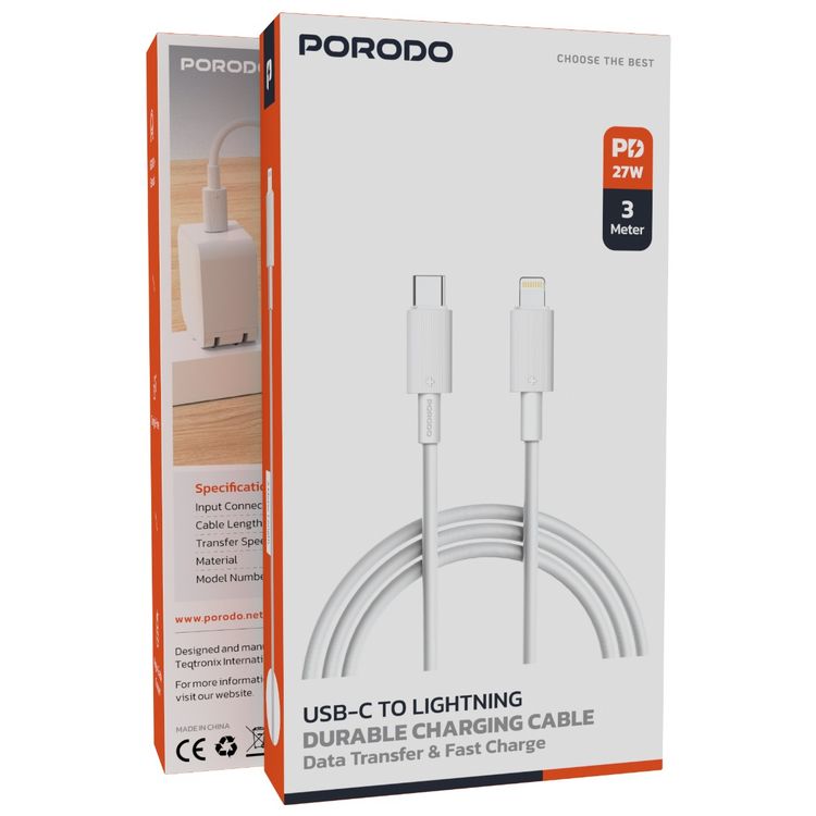 Porodo Type-C to Lightning PVC Cable 3m, 480Mbps Transfer Speed, PD 27W, more than 15000 Bends Life Span, Tangle Free - White