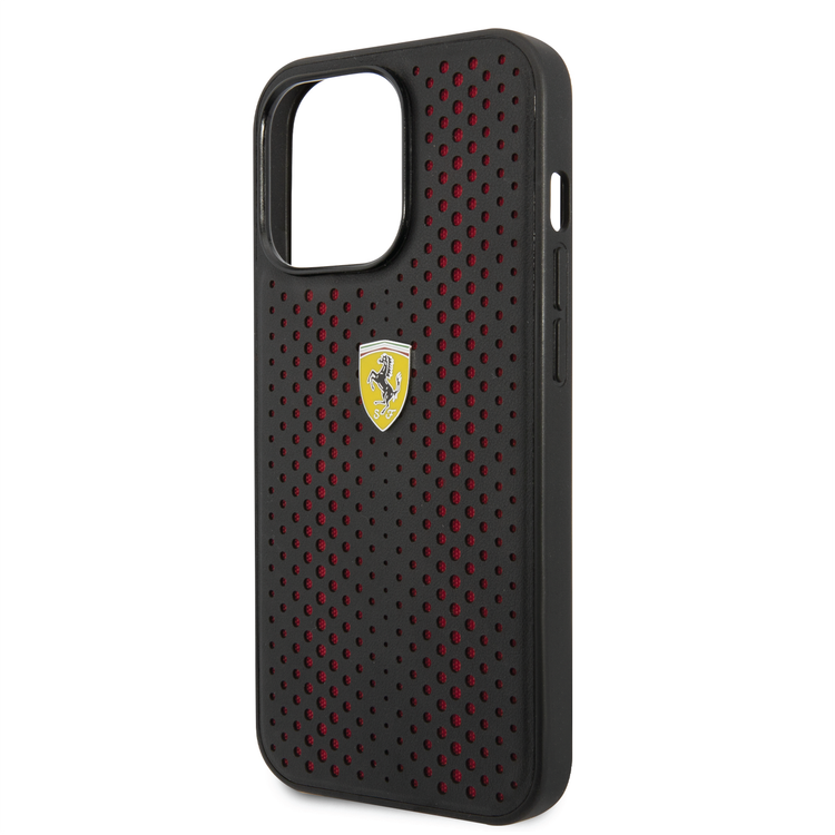 Ferrari PU Leather Perforated Case with Nylon Base & Yellow Shield Logo iPhone 14 Pro Compatibility - Red