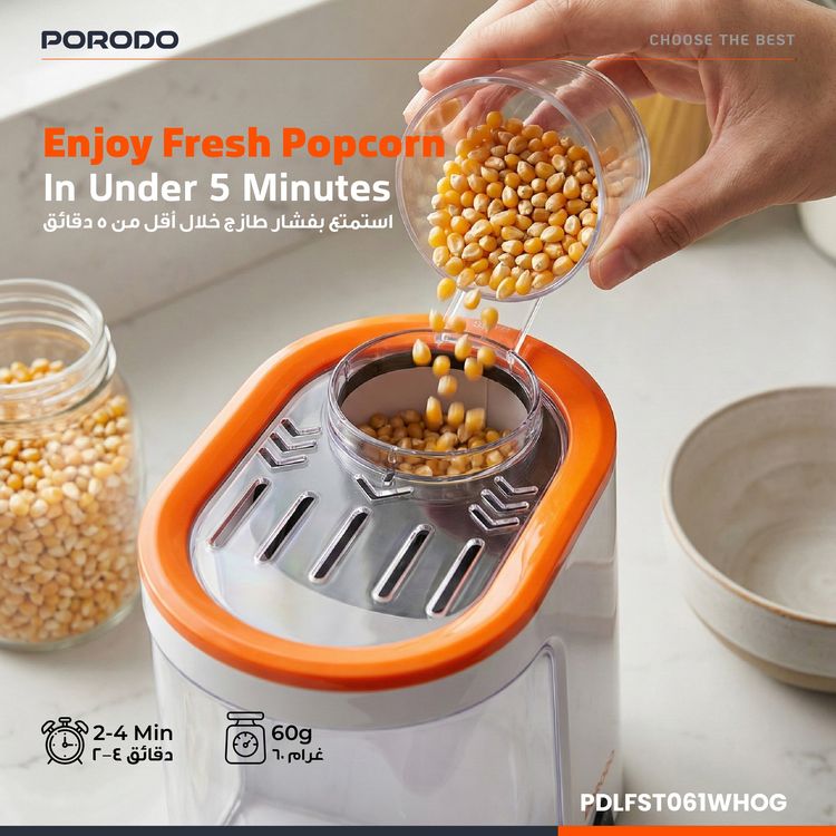 Porodo Lifestyle Air-Popped Popcorn Maker, Quick and Efficient, 60g Corn Kernel, 2-4 Minutes Prep Time, Oil-Free - White / Orange