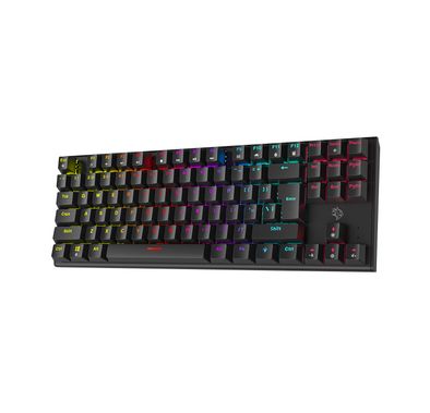 لوحة مفاتيح ميكانيكية TKL من Porodo Gaming مع 87 مفتاحًا إنجليزيًا وعربيًا، ومفتاح أحمر بنقرات سلسة، و12 وضع إضاءة RGB، وعمر افتراضي يصل إلى 50 مليون نقرة، و25 مفتاحًا مضادًا للظلال، وكابل USB من البولي فينيل كلوريد بطول 1.5 متر - أسود