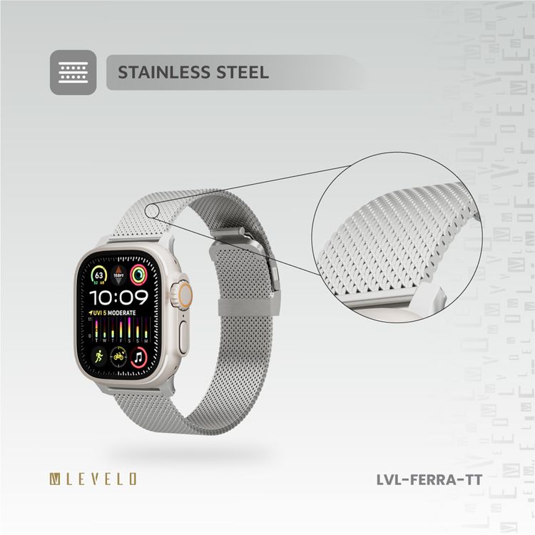 Levelo Ferra Milanese Watch Strap with Adjustable Length, Compatible with 49/46mm Smartwatches & Apple Watch SE, Series 9, 8, 7, 6, 5, Hypoallergenic Material, 24/7 Wearability, Water-Resistant, Anti-Oxidation Technology - Titanium