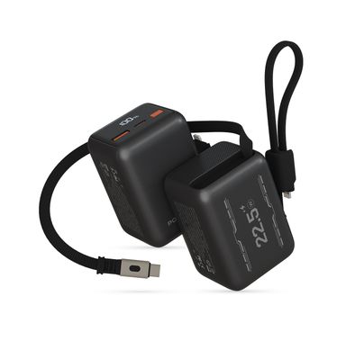 Porodo Voltra 10000mAh Power Bank with USB-C & USB-A Ports, Travel-Friendly Design, Lithium Polymer Battery, Built-in USB-C & Lightning Cables, Smart Safety Protection, 20W Power Delivery - Black