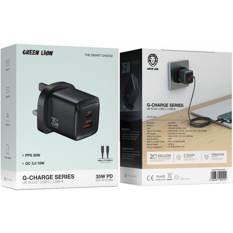 Green Lion G-Charge Series Wall Charger with Type-C to Type-C Cable, PD 35W, USB-A & USB-C Ports, QC 18W,  3-Pin UK Plug, ABS & Copper Material, Fast Charge Support, GaN Technology - Black