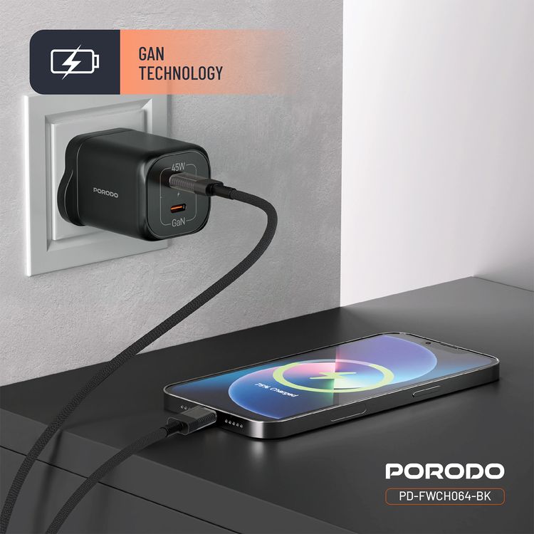 Porodo شاحن حائط سريع بمنافذ USB-C مزدوجة بقدرة 45 واط وتوصيل الطاقة، بتيار أقصى 0.5 أمبير، مزود بحمايات مدمجة، قابس بثلاثة دبابيس للمملكة المتحدة، شحن متزامن، بتقنية GaN - أسود