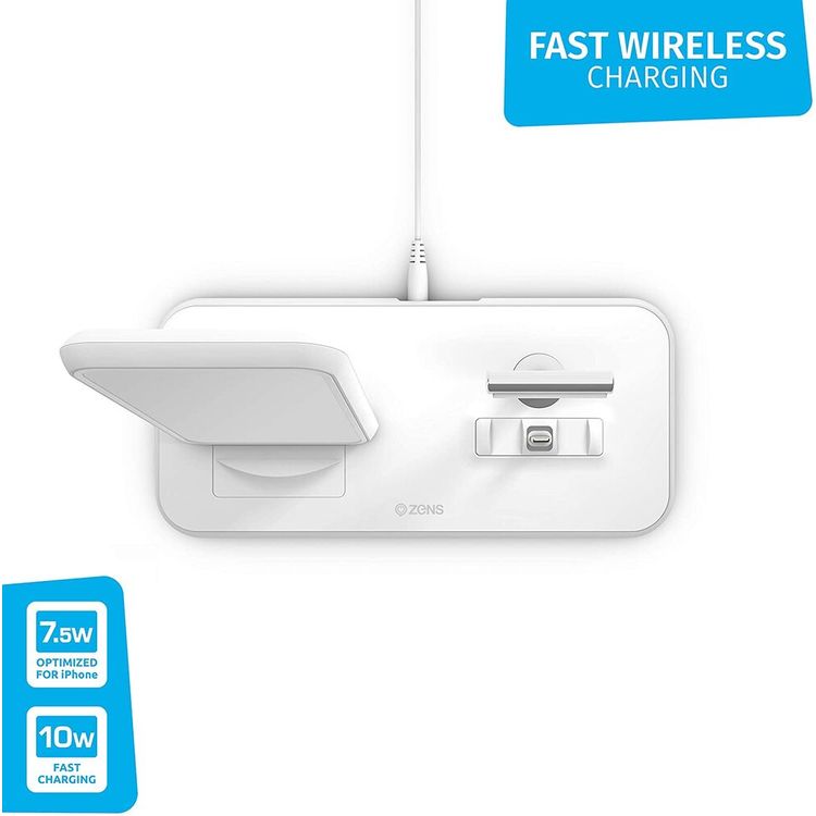 ZENS ZE-DC06B Dual Aluminium Wireless Charger & DOCK 20W, charges three devices, Ultra thin design - White