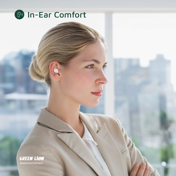 Green Lion Denver True Wireless Earbuds with IPX4 Waterproof, Voice Assistant, In-ear Comfort, Dual-Mic, Touch Control, 3 Hours Playtime - White