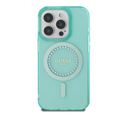 GUESS MagSafe IML Hard Case with Rhinestones Design for iPhone 16 Pro Max, Easy Snap-On, Drop Protection, Slim Profile - Green