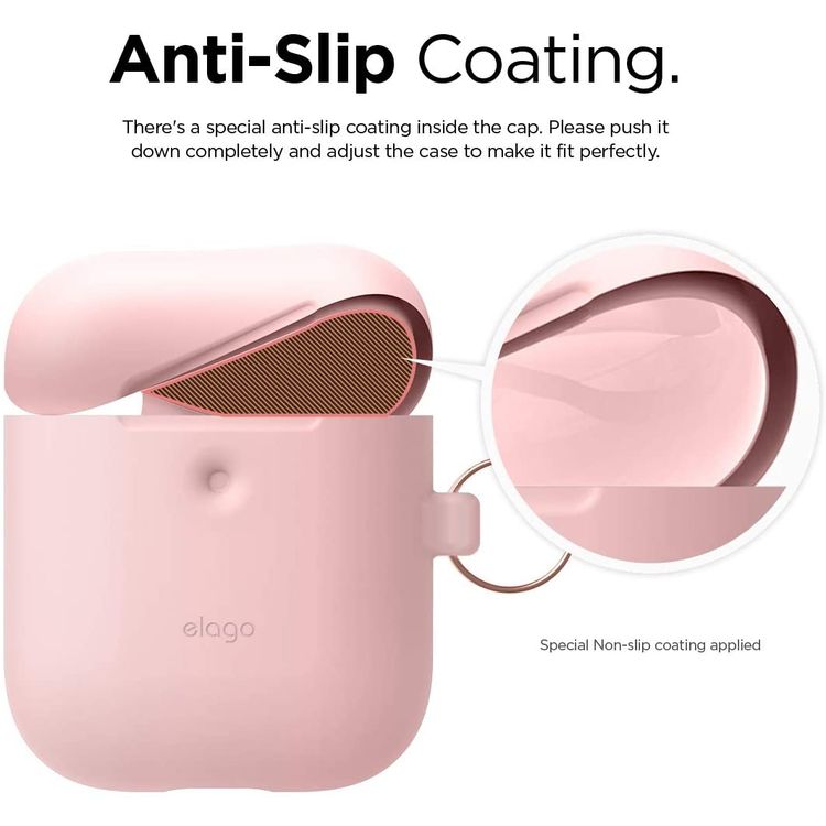 Elago Silicone Case with Anti-Lost Keychain Compatible with Apple AirPods 1/2 Wireless Charging Case, Front LED Visible, Anti-Slip Coating Inside, Premium Silicone - Pink