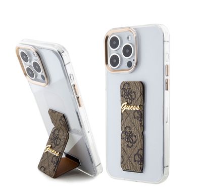 Guess Grip stand Clear Case with 4G Script Logo for iPhone 15 Series - Brown - iPhone 15 Pro Max