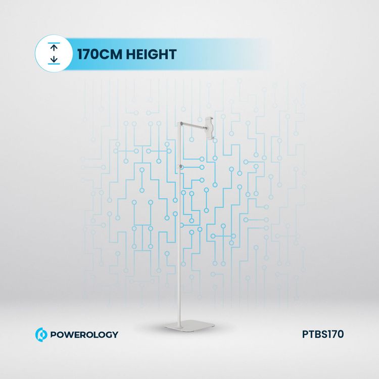 Powerology Adjustable & Rotatable Tablet Stand with Metal Base, Compatible with 4.7" to 12.9" Phones & Tablets, 360° Rotating Head, Telescopic & Flexible Arm Design, 170 cm Height, Heavy Base - White