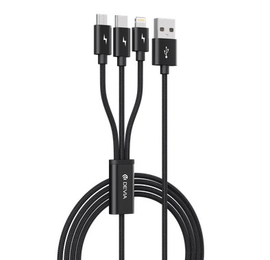 Devia Gracious Series 3 in 1  charging cable (Micro, Type-C & Lightning) 1.2m / 3A , Compatible with Lightning Type, Type-C & Micro, Nylon Woven, Fast Charging - Black