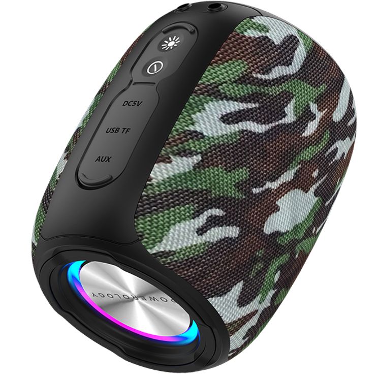 Powerology Ghost Speaker, 5h Playtime, Bluetooth 5.0, 1500mAh Battery Capacity, FM Function, IPX5 Water Resistant, Enhanced Bass - Camouflage