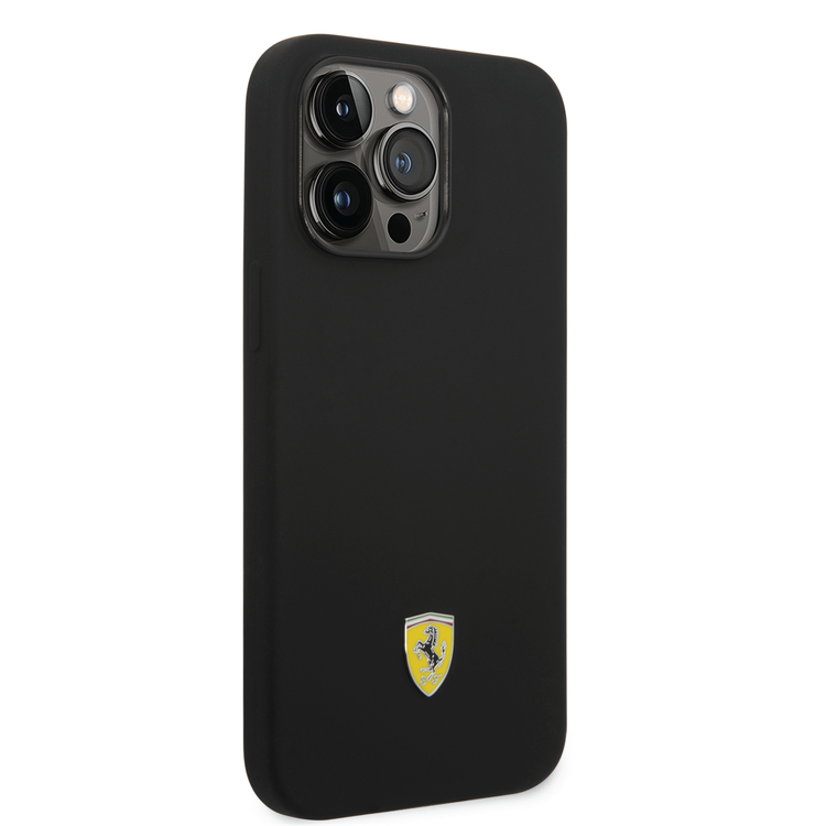 Ferrari Liquid Silicone Case with Black Camera Outline & Metal Logo iPhone 14 Pro Max Compatibility - Black