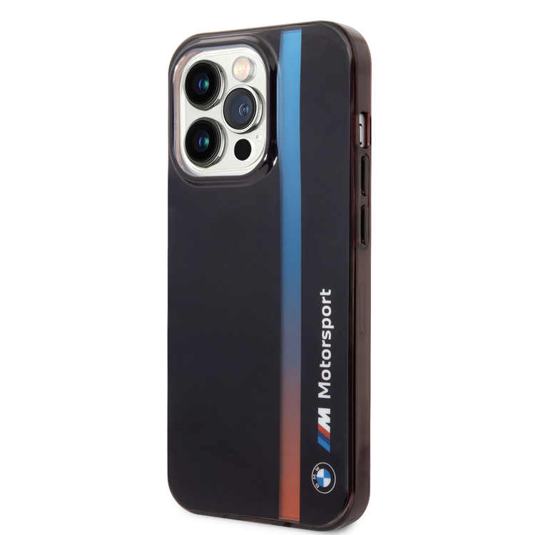 BMW Motorsport Collection PC/TPU IML Case with Printed Tricolor Fading Stripe iPhone 14 Pro Max Compatibility - Black