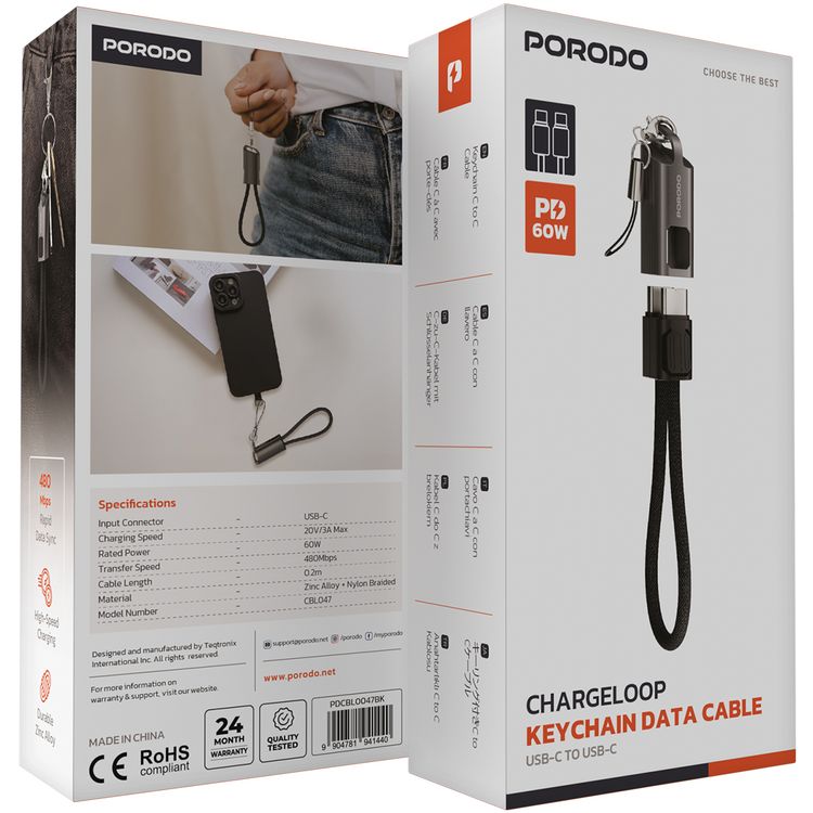 Porodo Chargeloop Keychain USB-C to USB-C Data Cable with 60W PD Output, 480Mbps Data Transfer Rate, 20cm Cable Length, Durable Zinc Alloy & Nylon Braided Material, High-Speed Charging, Compact Design - Black