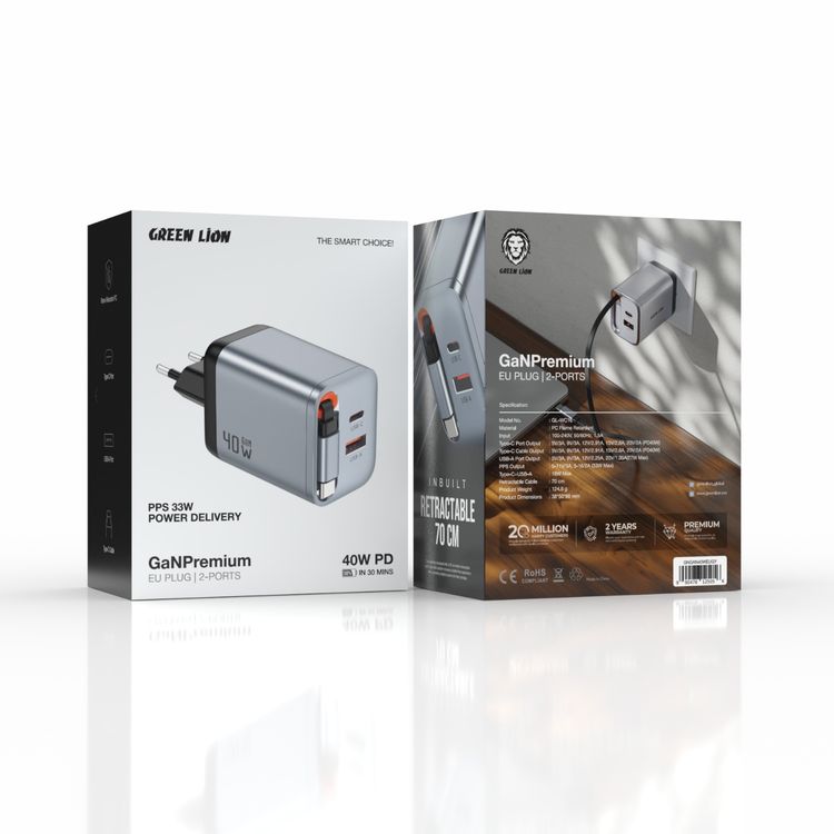 Green Lion GaNPremium EU Plug Wall Charger with 40W Power Delivery, Retractable Type-C Cable, 0%-50% Charge in 30 Minutes, PC Flame Retardant Material, USB-C & USB-A Ports - Gray