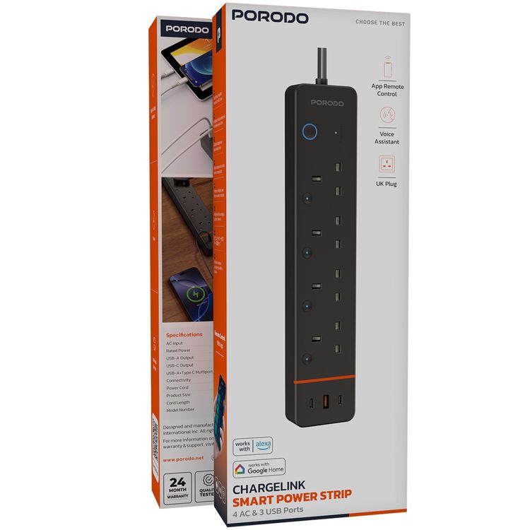 Porodo ChargeLink Smart Power Strip with 4 AC Sockets, USB-A & USB-C Ports, WiFi 2.4 GHz & Bluetooth Version 5.1 Connectivity, UK 3-Pin Plug, 1.8m Cord Length, Built-in Safety Features - Black