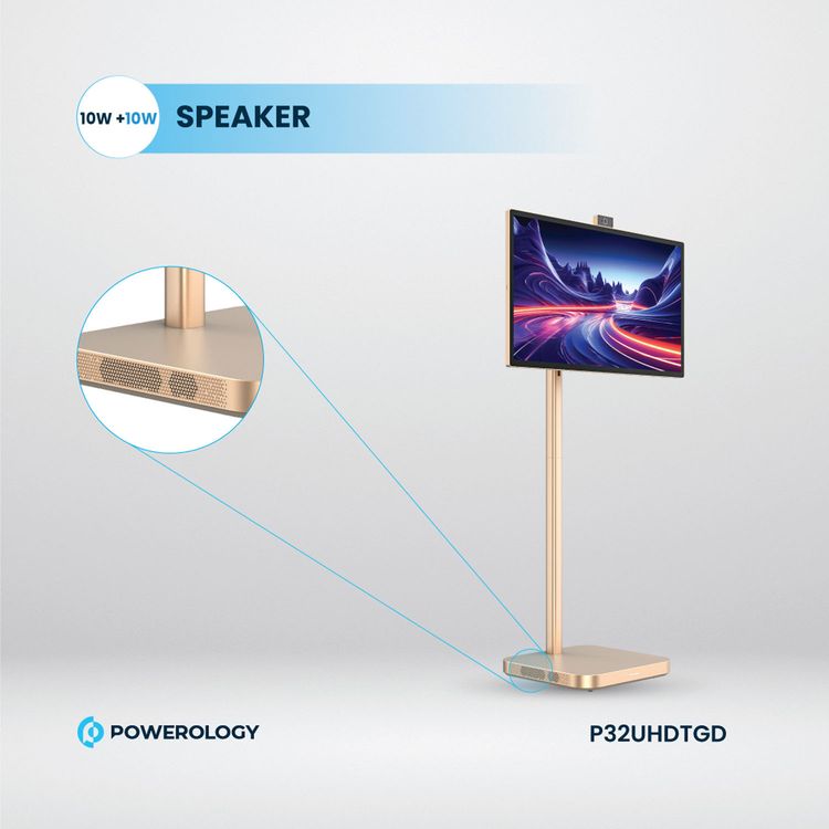 Powerology 32" Google 4K Screen with 4K Camera, 8GB RAM, 128GB Memory, 9800mAh Battery, 16.7M Colors, Android 13, 4 Hours Working Time, Dual 10W Speakers, 2.5 Hours Charging Time - Gold