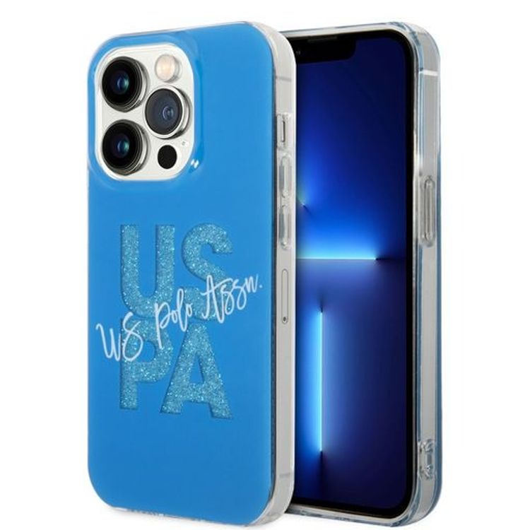 حافظة بطاقات لامعة من US Polo لهاتف iPhone 14 Pro Max - أزرق