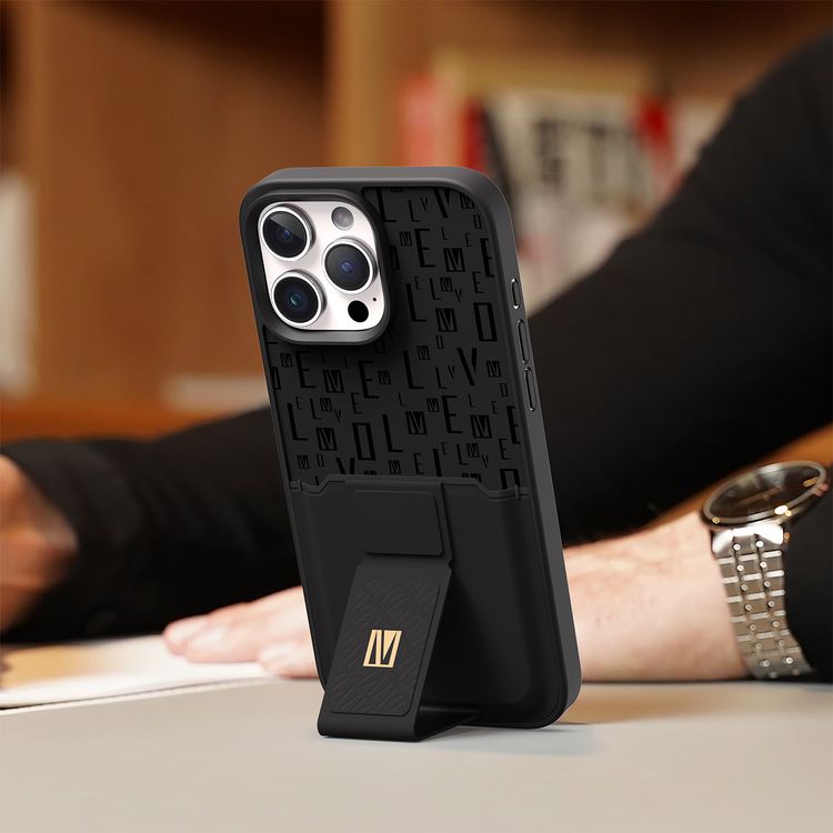 حافظة Levelo Morphix Gripstand مع حامل بطاقات لهاتف iPhone 16 Pro، حامل بطاقات مدمج، زوايا مقاومة للصدمات، ملمس نحيف بدون غطاء، حافة كاميرا مرتفعة، مادة فائقة المتانة - أسود