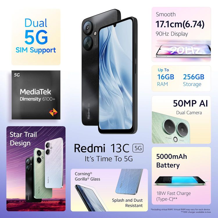 Xiaomi Redmi 13C Smartphone IND Version, RAM 6GB, Storage 128GB, 5G, Dual Sim, Dual Camera, Fingerprint Sensor, GPS, Bluetooth 5.3 - Starlight Black