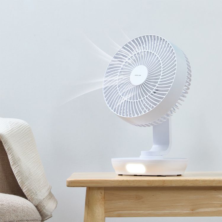 Green Lion 8" Desktop Fan with 3-Blade Design, 20-28 Lumens Brightness, Low & High Light Modes, 90° Angle Adjustment, 150° Oscillation, 3-Gear Speed Levels, Rechargeable Battery, Quiet Motor - White