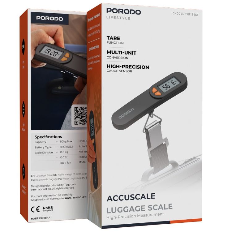 Porodo Lifestyle Accuscale High-Precision Luggage Scale with 50kg Max Load, 60 Seconds Auto Shut-Off, CR2032 Battery, Tare Function, Multi-Unit Conversion, High-Precision Gauge Sensor - Black