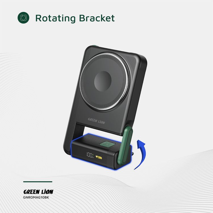 Green Lion Rotex MagSafe 10000mAh Power Bank, iWatch Charging, Rotating Bracket, Wireless Charging, Digital Display, Compact & Lightweight, PD 22.5W - Black