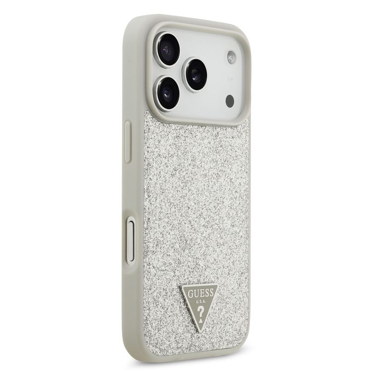 Guess MagSafe PU Leather Fixed Glitter Case with Triangle Logo for iPhone 17 Pro Max, Slim Profile, Easy Snap-On, Sustainable Packaging, Comfortable Grip, Drop Protection, Lightweight Design - Silver