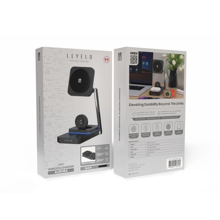 Levelo Aurora 3-in-1 Wireless Charger with Strong Magnetic Force, 90° Rotation, 15W Fast Charging, Auto Detecting Object, Overcharge Protection - Black