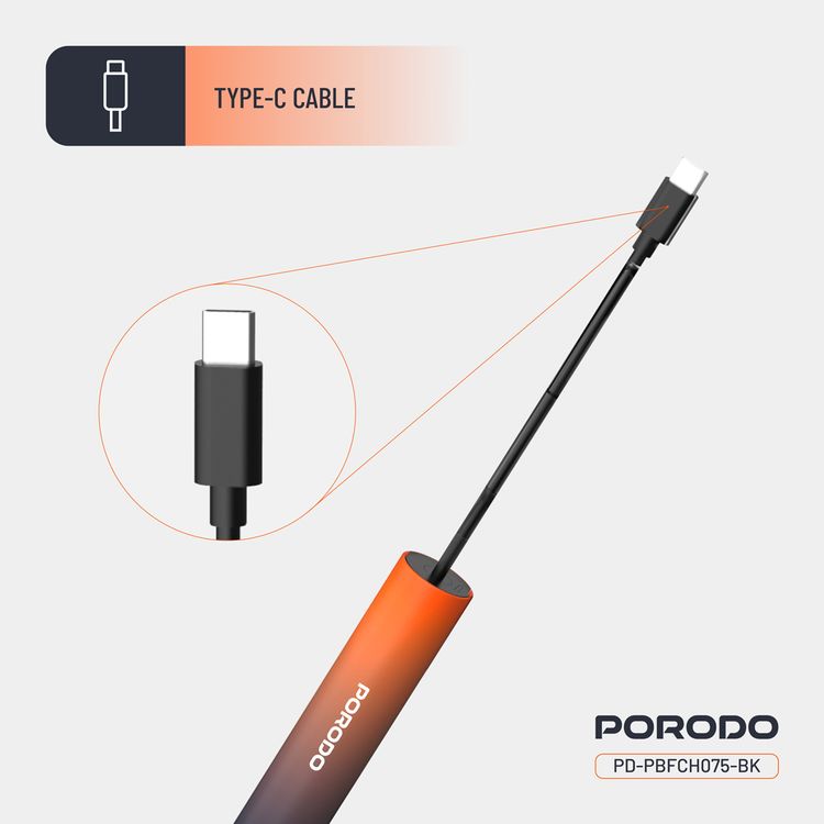 بنك طاقة بورودو PB075 بسعة 5000 مللي أمبير/ساعة مع كابل Type-C مدمج، PD 20 وات، ×2 منفذ Type-C، تصميم محمول، يدعم الشحن السريع - أسود
