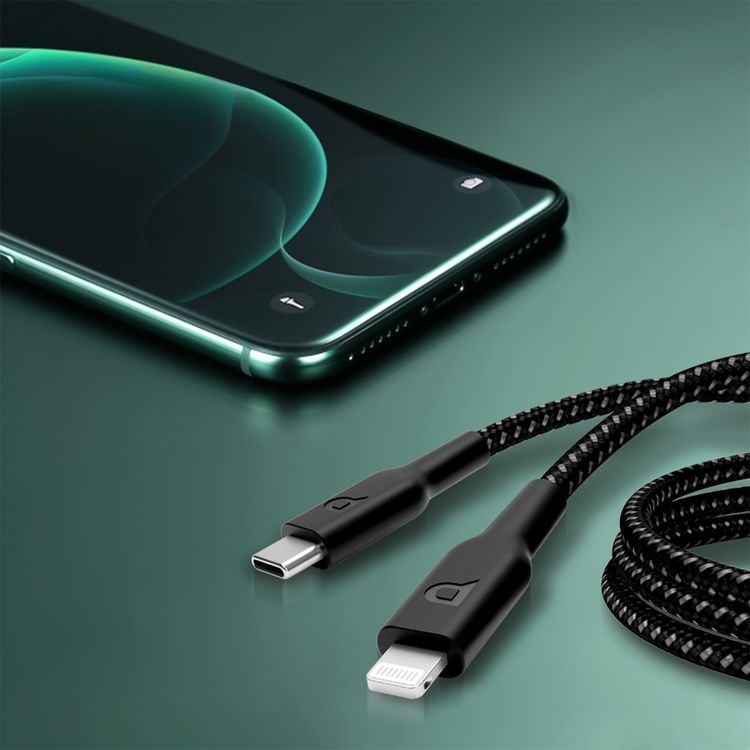 Powerology Braided USB-C to Lightning Charging Cable with Fast Charging & Data Transfer, 60W Power Delivery, Universal Compatibility, 1.2m Cable Length - Black