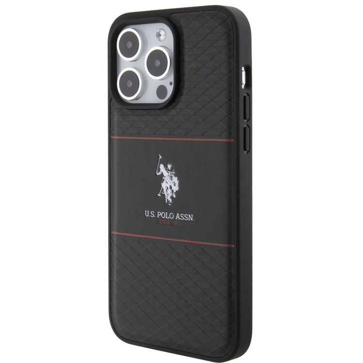 U.S.Polo Assn. PU HS Pattern DH Stripe Hard Case for iPhone 15 Series - Black - iPhone 15 Pro