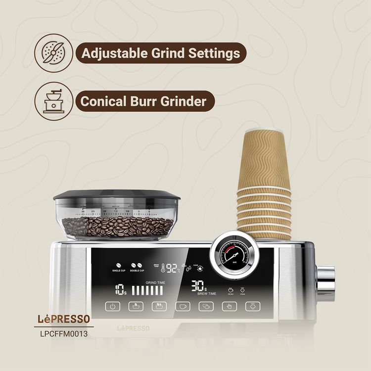 ماكينة صنع قهوة اسبريسو LePresso Advanced ذات شاشة لمس تفاعلية، مضخة ULKA 19 بار، 1350 واط، سعة خزان مياه 2.5 لتر، مقياس غلاية، مطحنة مخروطية الشكل، إعدادات طحن قابلة للتعديل - فضي