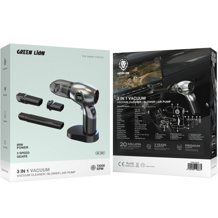 Green Lion 3-in-1 Vacuum Cleaner, Blower & Air Pump with 95W Power, Up to 27 Minutes Working Time, 72000RPM Motor Speed, Charging Base Included, Digital Display - Silver