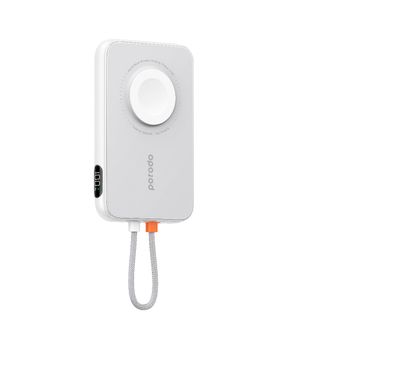 Porodo 5000mAh Power Bank with Type-C, Lightning Port and Watch Charger, Digital Display, PD 20W Fast Charging, Portable, Integrated Lightning Cable  - White