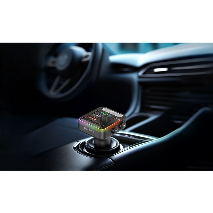 Porodo 3-in-1 FM Car Charger with 36W Power Delivery, 10m Bluetooth Range, Built-in Microphone, Multi-Port Charging, Up to 32 GB USB Flash Drive - Black