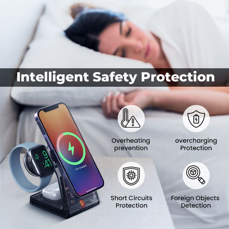 Porodo Transparent Shell Wireless Charging Stand with 15W Wireless Output, Multi-Device Charging, 3W Earbuds Output, Transparent Design, 2.5W Type-C Output - Black